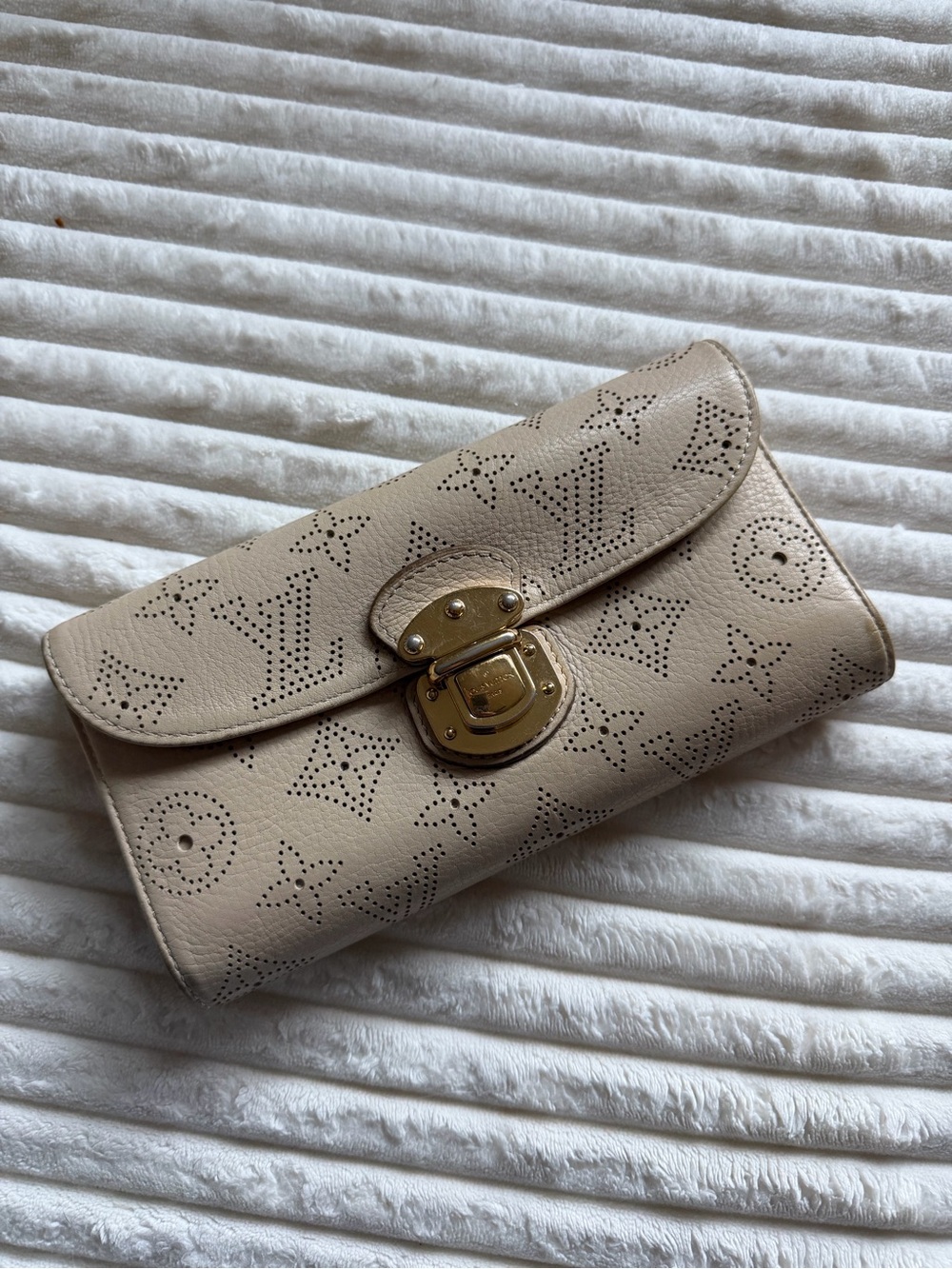 Louis Vuitton Beige Perforated Monogram Leather Clutch with Gold Hardware